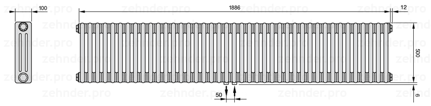 Схема (чертеж) Радиатор Zehnder Charleston 3050/41 №5410 Белый глянцевый RAL 9016